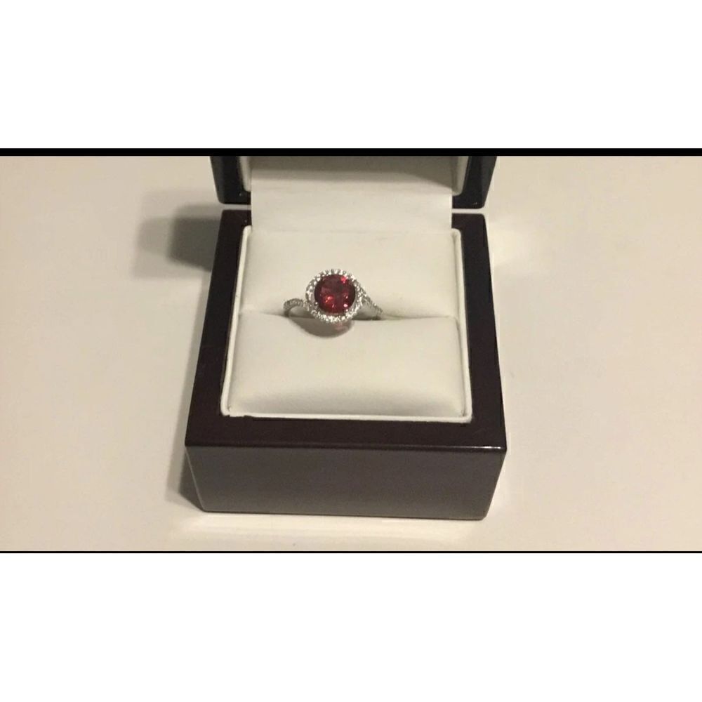 2.5 Ct. Round Ruby Solitaire & White Sapphire Swirl Halo Ring Sz 8~.925 SS